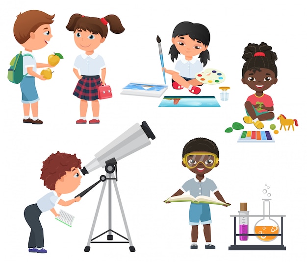 Leuke vectorleerlingenactiviteit op schoolreeks. kleine schoolkinderen ingesteld. Premium Vector
