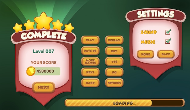 Level complete pause en instellingen menu scene verschijnt met geluid muziek en knoppen Premium Vector