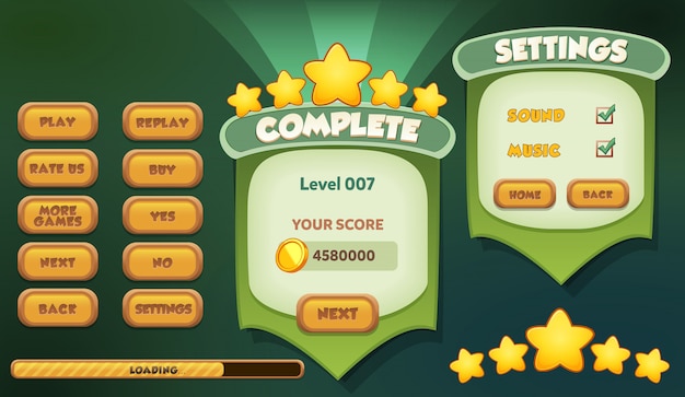 Level complete pause en instellingen menu scene verschijnt met geluid muziek en knoppen Premium Vector