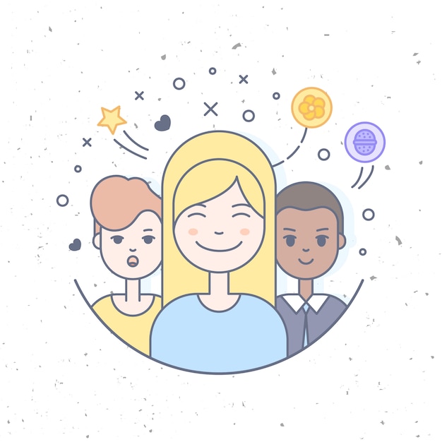 Lineaire vlakke mensen worden geconfronteerd met illustratie. sociale media avatar, userpic en profielen. Gratis Vector