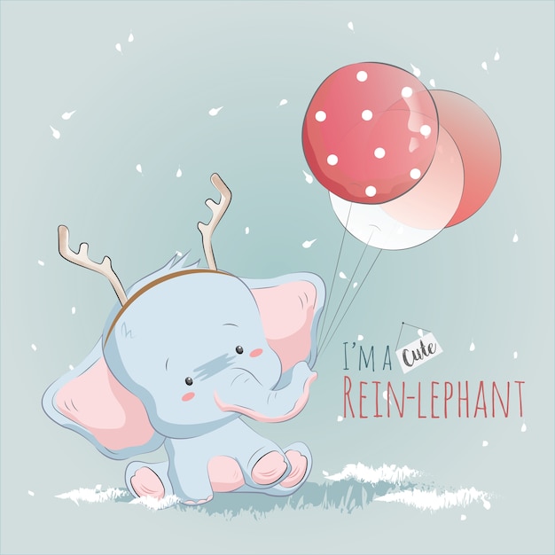 Little reinlephant playing with balloons Premium Vector
