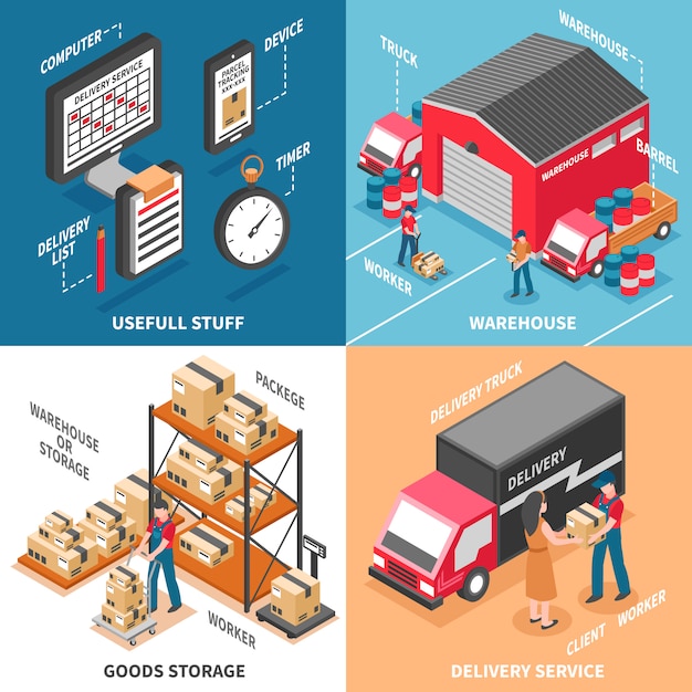 Logistiek 2x2 isometrisch ontwerpconcept Gratis Vector