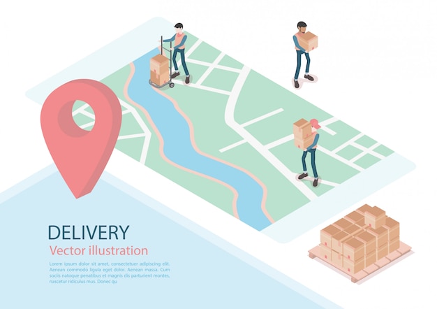 Logistiek en levering infographics. isometrisch, vrachtwagen, drone en bezorger. vector illustratie Premium Vector