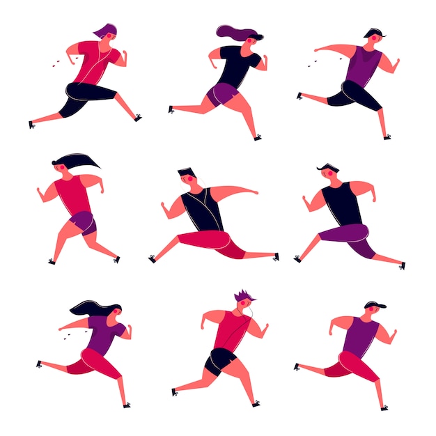 Lopende mensen groeperen in beweging. jogging mannen vrouwen trainen buiten. de agenten treffen voor de marathongezondheid van de sportconcurrentie voorbereidingen die in ochtend lopen Gratis Vector