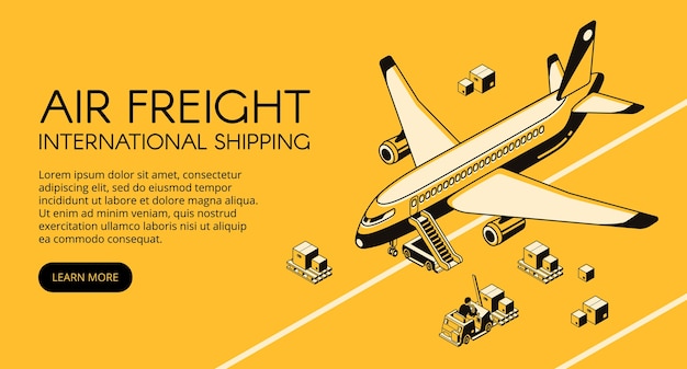 Luchtvracht logistiek illustratie van vliegtuig en percelen op heftruck of loader pallet Gratis Vector