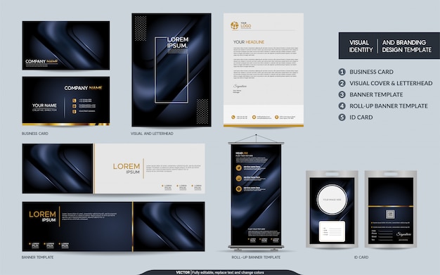 Luxe donkere marine briefpapier set en visuele merkidentiteit met abstracte overlappende lagen achtergrond Premium Vector