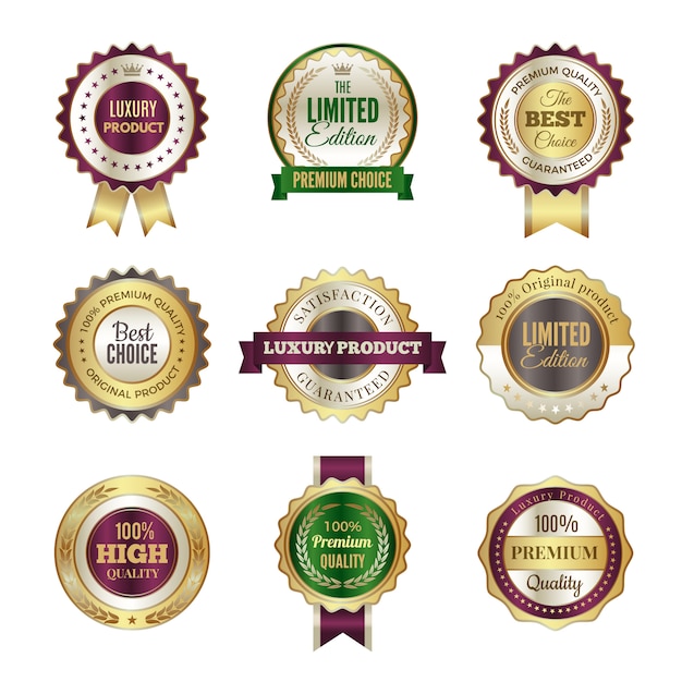 Luxe premium badges. hoge kwaliteit gouden kroon beste keuze labels en stempel sjabloon voor certificaat en documenten Premium Vector