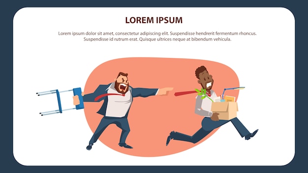 Mad boss hold chair shout at scared employee run Premium Vector