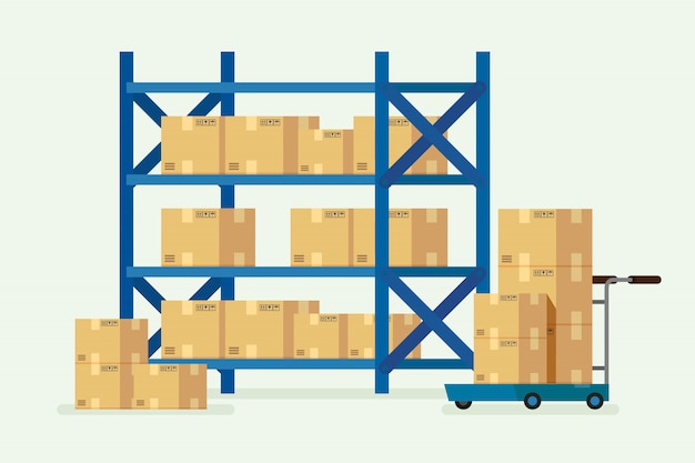 Magazijnplanken en kartonnen dozen Premium Vector