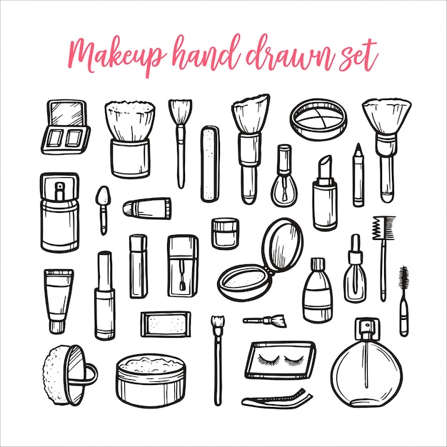 Make-up hand getrokken set. vector vintage illustratie. Premium Vector