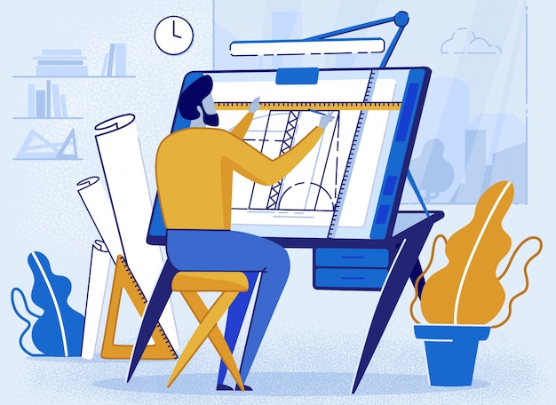 Man architect creator drafting at desk for sketch Premium Vector