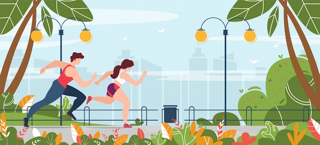 Man en vrouw die zich bezighouden met fitness uitgevoerd in park banner Premium Vector