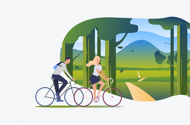 Man en vrouwen berijdende fietsen met groen landschap op achtergrond Gratis Vector