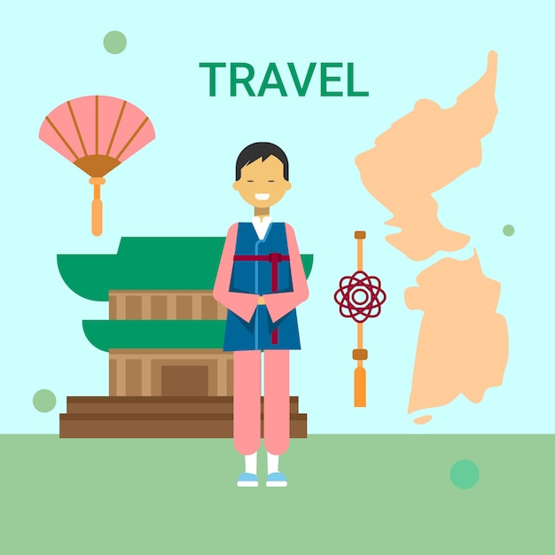 Man in traditionele koreaanse kleren over korea kaart en tempel Premium Vector