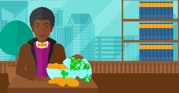 Man met bol vol geld. Premium Vector