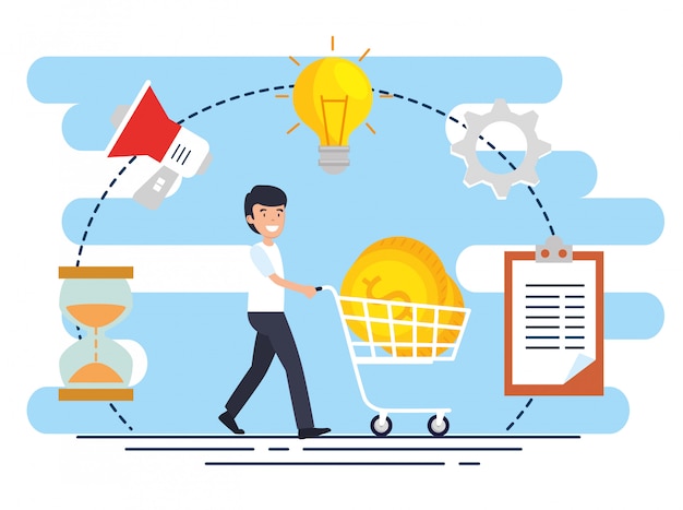 Man met winkelen auto en document met munten Gratis Vector