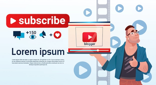 Man video blogger online stream bloggen abonneren concept Premium Vector