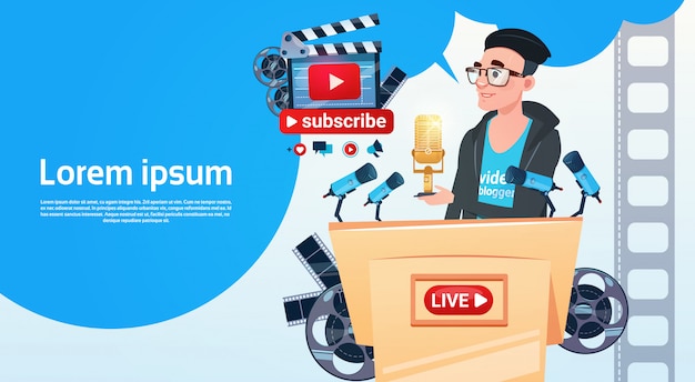 Man video blogger online stream bloggen abonneren concept Premium Vector