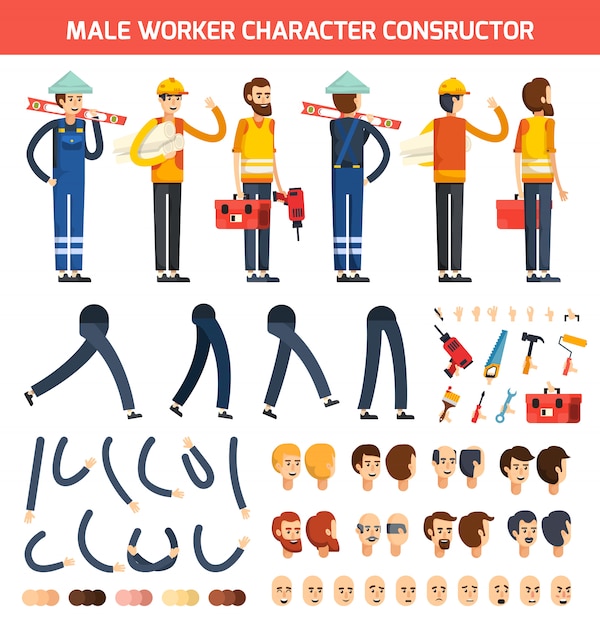 Mannelijke werknemer karakter constructor samenstelling Gratis Vector
