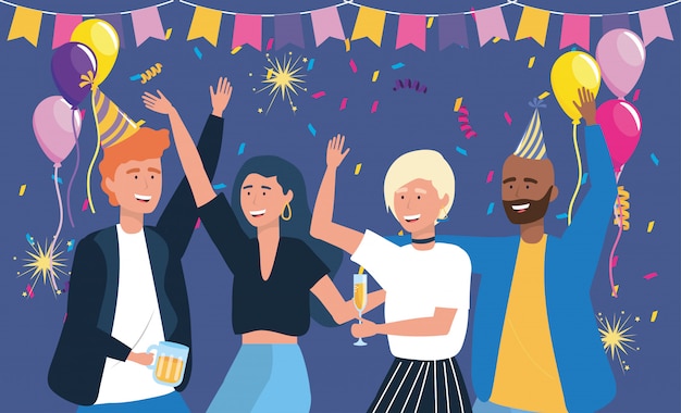 Mannen en vrouwen dansen met bier en champagne Gratis Vector