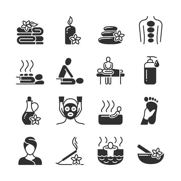 Massage en spa-therapie, lichaamsverzorging medische pictogrammen Premium Vector