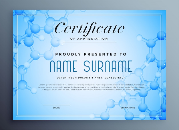 Medisch wetenschapscertificaat met moleculaire structuur Gratis Vector