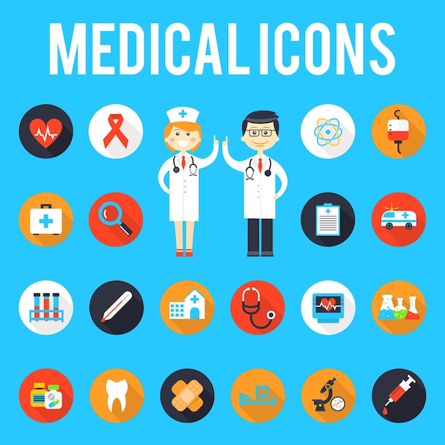 Uitschakelen Sleutel jurk Medische hulpmiddelen en medisch personeel plat pictogrammen. geneeskunde  en ziekenhuis, medische gezondheid, spuit en apotheek, uitrusting en  noodgevallen. | Gratis Vector