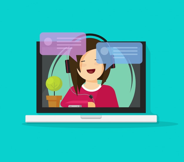 Meisje in hoofdtelefoon chatten of praten op internet op laptop computer vector platte cartoon Premium Vector
