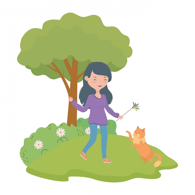 Meisje met kat cartoon Gratis Vector