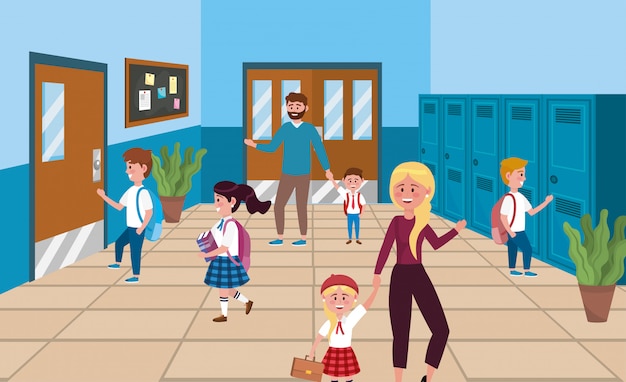 Meisjes en jongensstudenten met kast en moeder met vader Gratis Vector