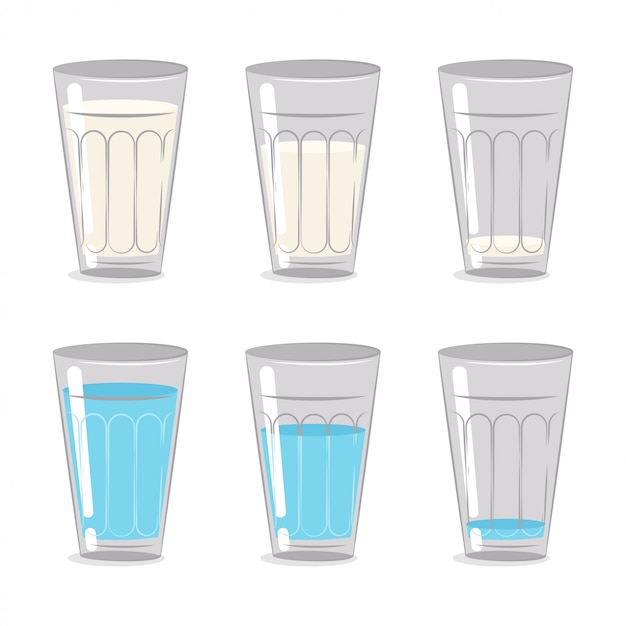 Melk En Water In Een Bekerglas Cartoon Set Geisoleerd Op Een Witte Achtergrond Premium Vector