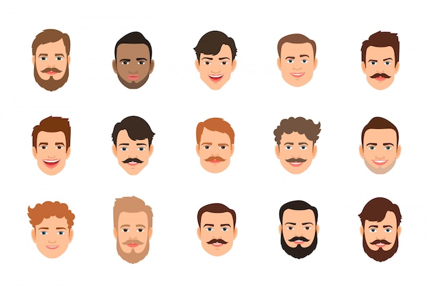 Menselijk gezicht ingesteld vectorillustratie. mannelijk portret of jonge man gezichten met verschillende kapsel Premium Vector