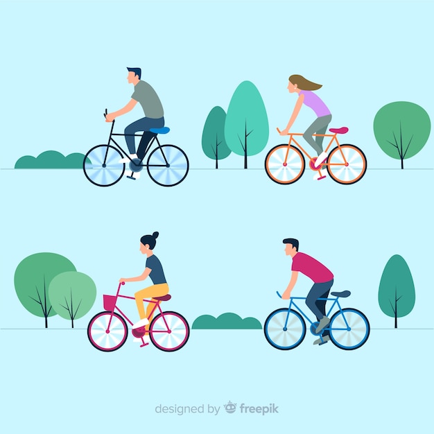 Mensen die een fiets in de parkinzameling berijden Gratis Vector