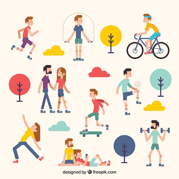 Mensen doen outdoor vrijetijdsbesteding met een plat ontwerp Gratis Vector