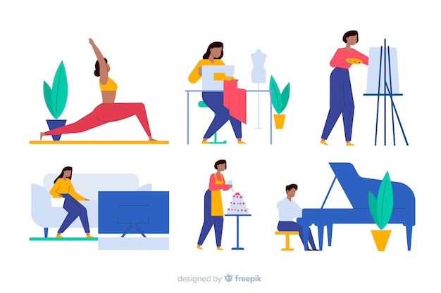 Mensen genieten van hun hobby's platte ontwerp Gratis Vector