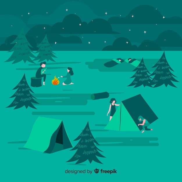 Mensen kamperen illustratie plat ontwerp Gratis Vector