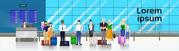 Mensen met bagage die zich in lijn bevinden om zich in luchthaven voor controle in de horizontale bannermalplaatje te verzetten Premium Vector