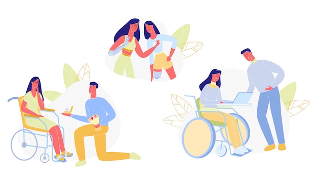 Mensen met een handicap in het dagelijks leven flat. Premium Vector