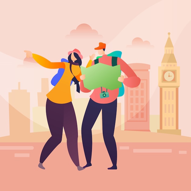 Mensen reizen karakter in londen in vlakke stijl Premium Vector