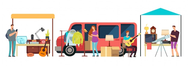 Mensen verkopen, winkelen tweedehands kleding, vintage goederen in mini tracks op rommelmarkt. Premium Vector