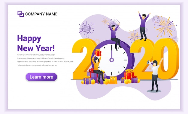 Mensen vieren het nieuwe jaar in de buurt van grote klok en grote symbool 2020-nummers bestemmingspagina Premium Vector