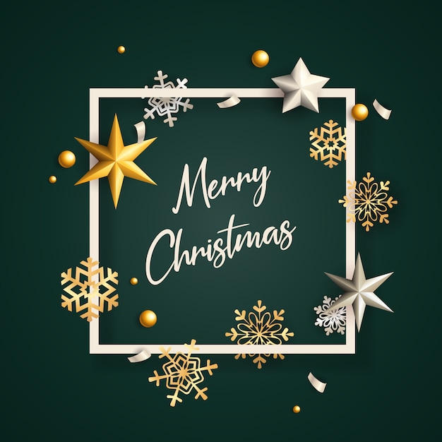 Merry christmas banner in frame met vlokken op groene grond | Gratis Vector