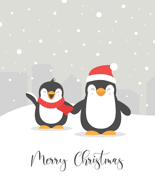 Merry christmas card met schattige pinguïns | Premium Vector