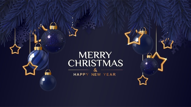 Merry Christmas Donkerblauwe Banner Met Gouden Sterren Kerstkaart