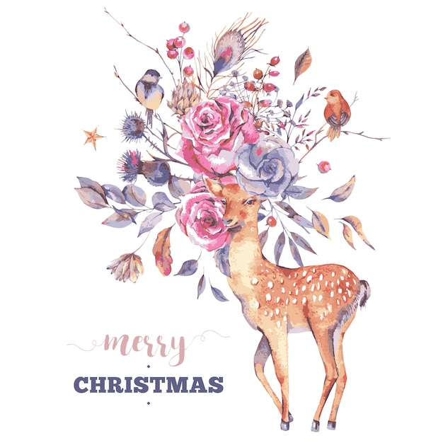 Merry christmas wenskaart met schattige herten en bloemen | Premium Vector