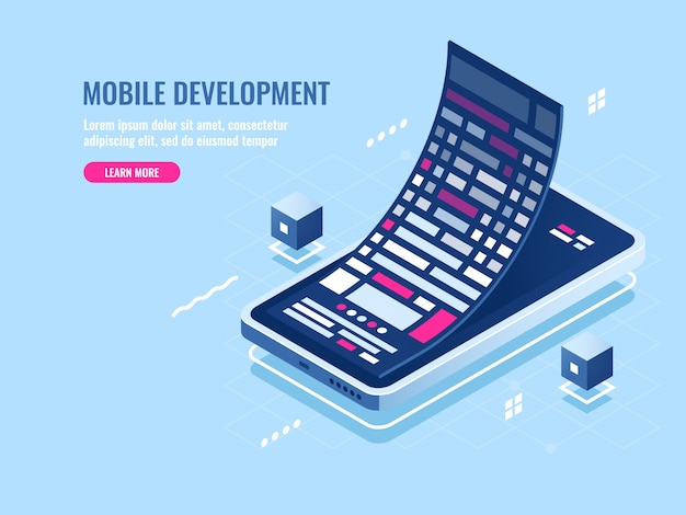 Mobiel ontwikkelingsconcept, message roll, softwareprogrammering voor mobiele telefoon Gratis Vector