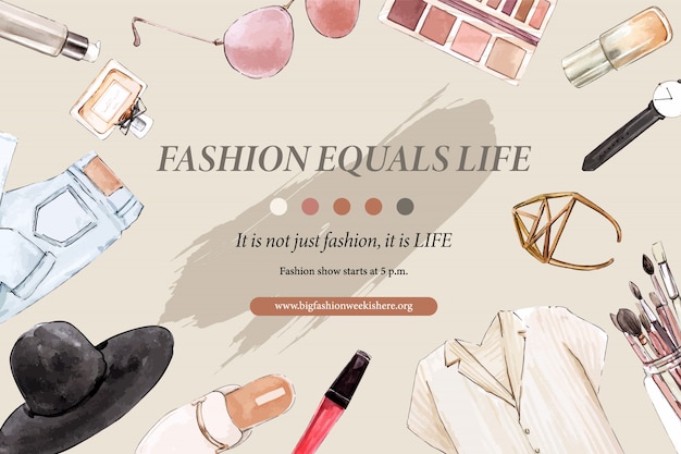 Mode-achtergrond met jeans, cosmetica, schoenen Gratis Vector