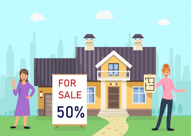 Modern huis te koop, korting voor appartement. Premium Vector