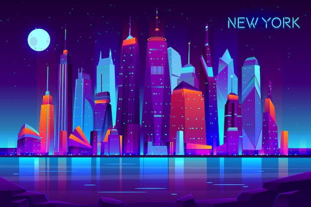 Modern New York Stad Cartoon Vector Nacht Landschap Gratis Vector