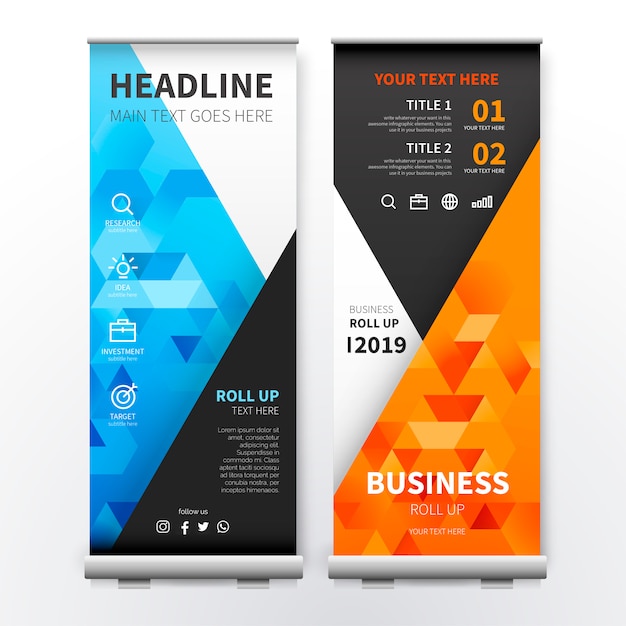 Modern roll-up banner met kleurrijke driehoeken Gratis Vector